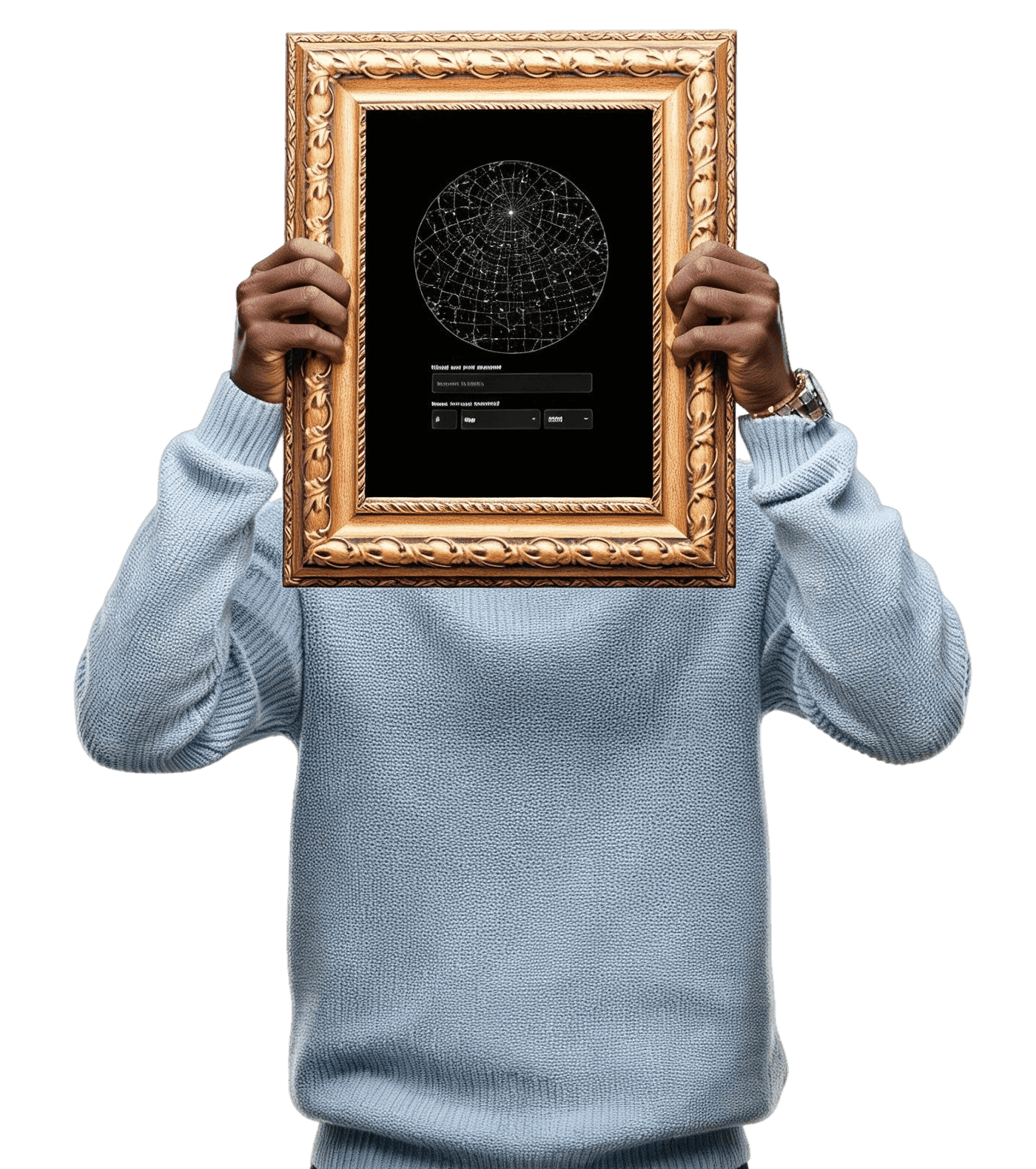 A person holding a framed StarGazze star map in a warm living room.